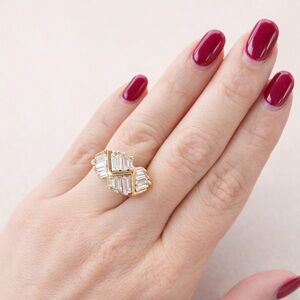 Vintage Baguette Crystal Statement Ring Size 7 | Gold Tone Zig Zag Cocktail Ring